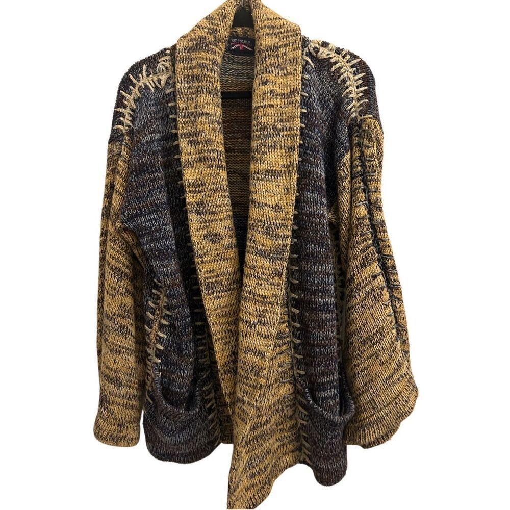 Vintage Brittania Patchwork Rustic Chunky Sweater Cardigan sz L Hippie Bell Slee